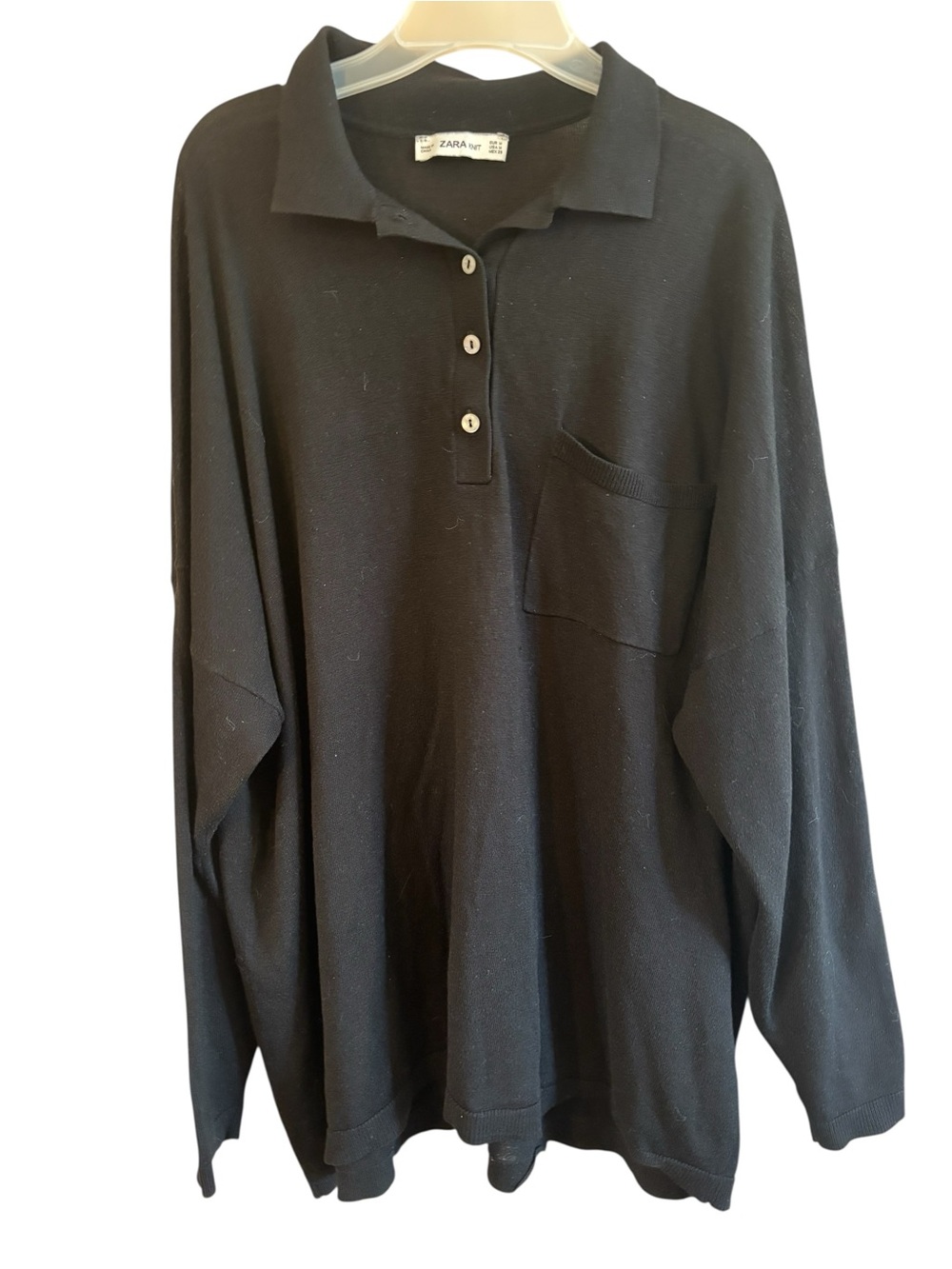 Zara Knit Polo Shirt Medium Black Long Sleeve 1/4 Button-Up Wool Blend Pocket